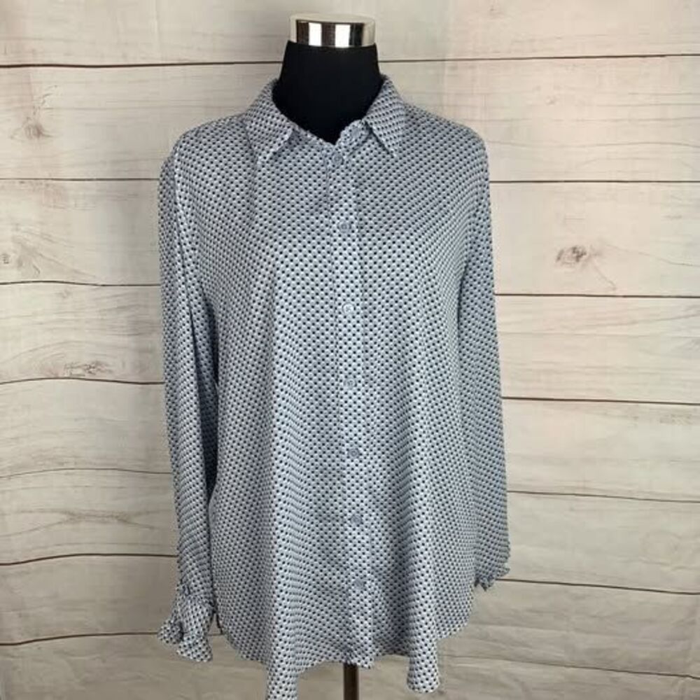 WhoWhatWear blouse collar long-sleeve button-down large 10 blue ruffle geometric